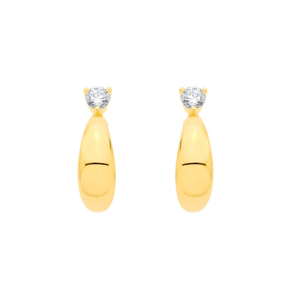 Gilded Silver  CZ Domed Teardrop Solitaire J-Hoop Drop Earrings - EAG1356