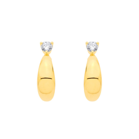 Gilded Silver  CZ Domed Teardrop Solitaire J-Hoop Drop Earrings - EAG1356