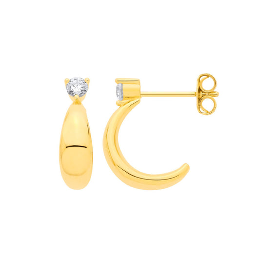 Gilded Silver  CZ Domed Teardrop Solitaire J-Hoop Drop Earrings - EAG1356