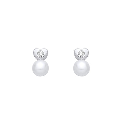Sterling Silver CZ & Fresh Water Pearl Heart Stud Earrings - EAG1357