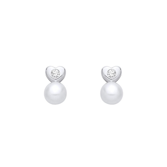 Sterling Silver CZ & Fresh Water Pearl Heart Stud Earrings - EAG1357