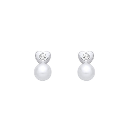 Silver  Pearl & CZ Sweetheart Full Moon Drop Earrings - EAG1357