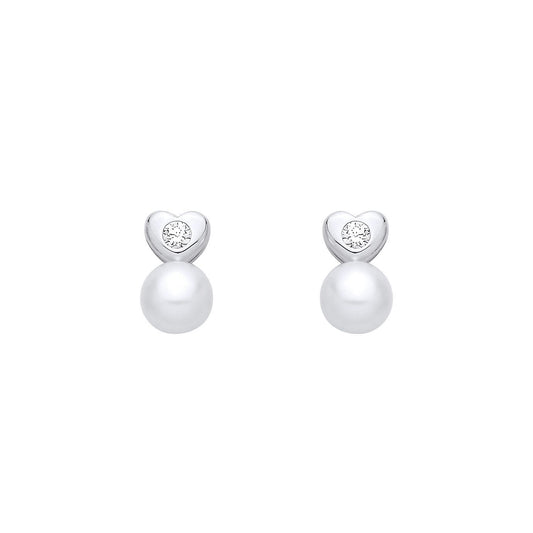Silver  Pearl & CZ Sweetheart Full Moon Drop Earrings - EAG1357