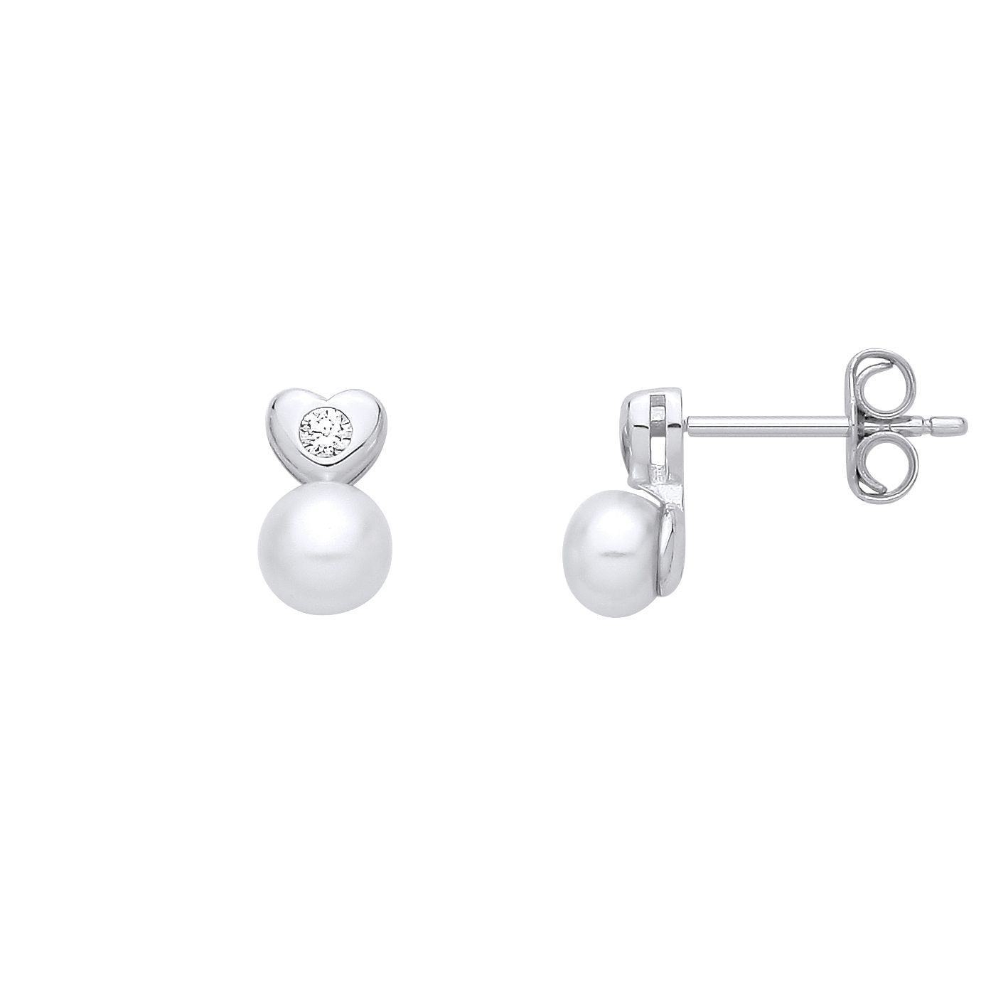 Sterling Silver CZ & Fresh Water Pearl Heart Stud Earrings - EAG1357