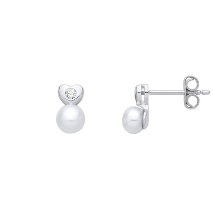 Sterling Silver CZ & Fresh Water Pearl Heart Stud Earrings - EAG1357
