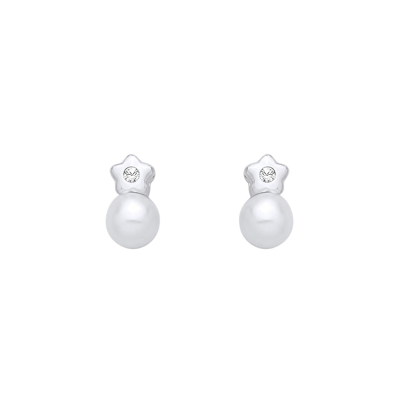 Silver  Pearl & CZ Full Moon Twinkle Star Solitaire Drop Earrings - EAG1359