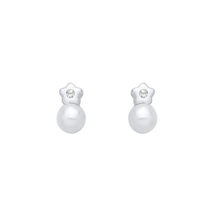 Silver  Pearl & CZ Full Moon Twinkle Star Solitaire Drop Earrings - EAG1359