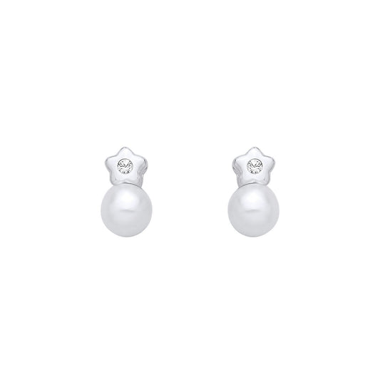 Silver  Pearl & CZ Full Moon Twinkle Star Solitaire Drop Earrings - EAG1359