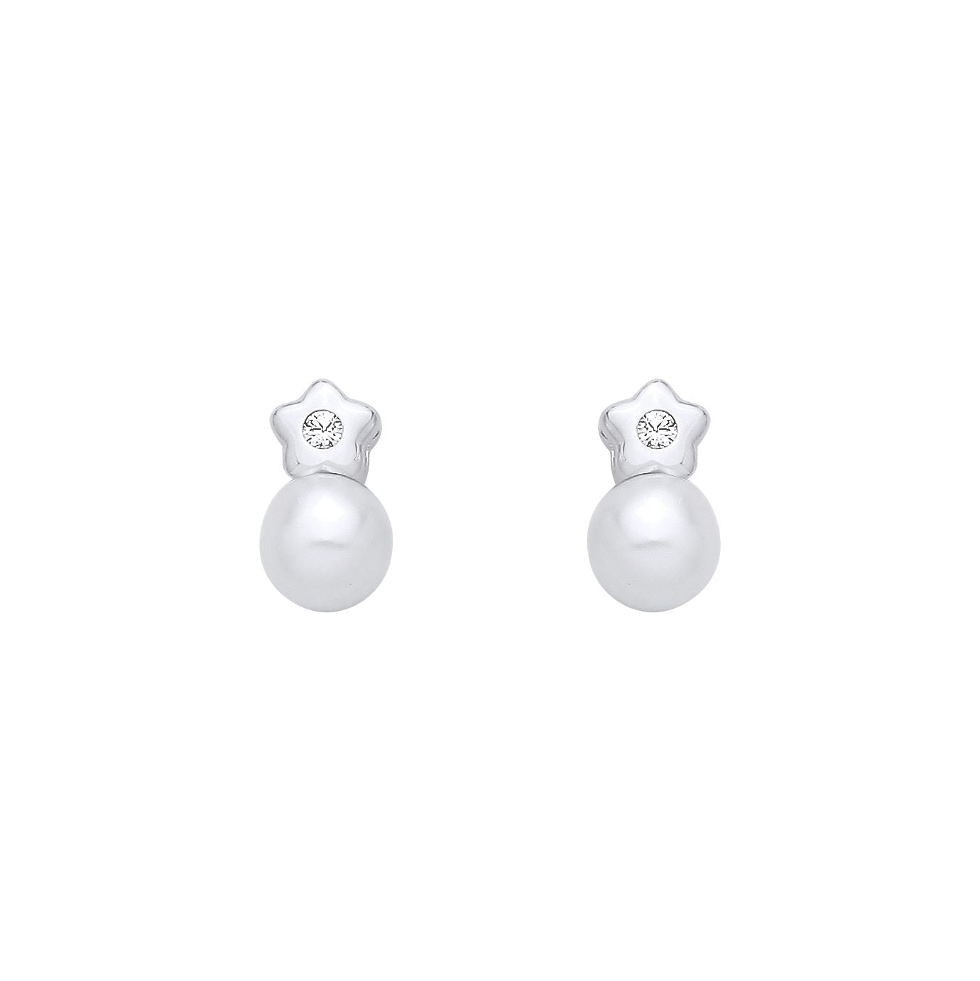 Sterling Silver CZ & Fresh Water Pearl Star Stud Earrings - EAG1359