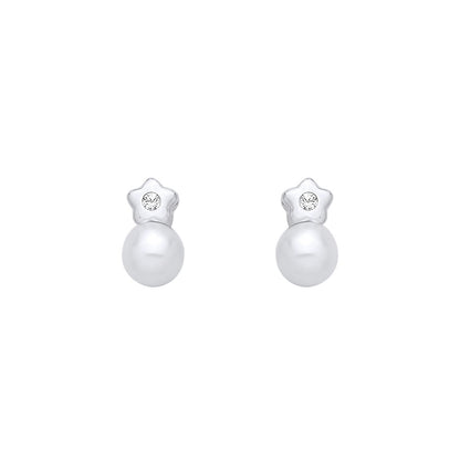 Sterling Silver CZ & Fresh Water Pearl Star Stud Earrings - EAG1359