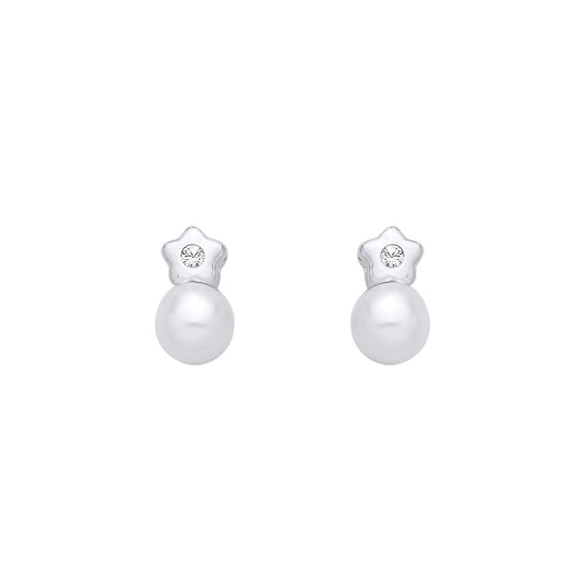 Sterling Silver CZ & Fresh Water Pearl Star Stud Earrings - EAG1359