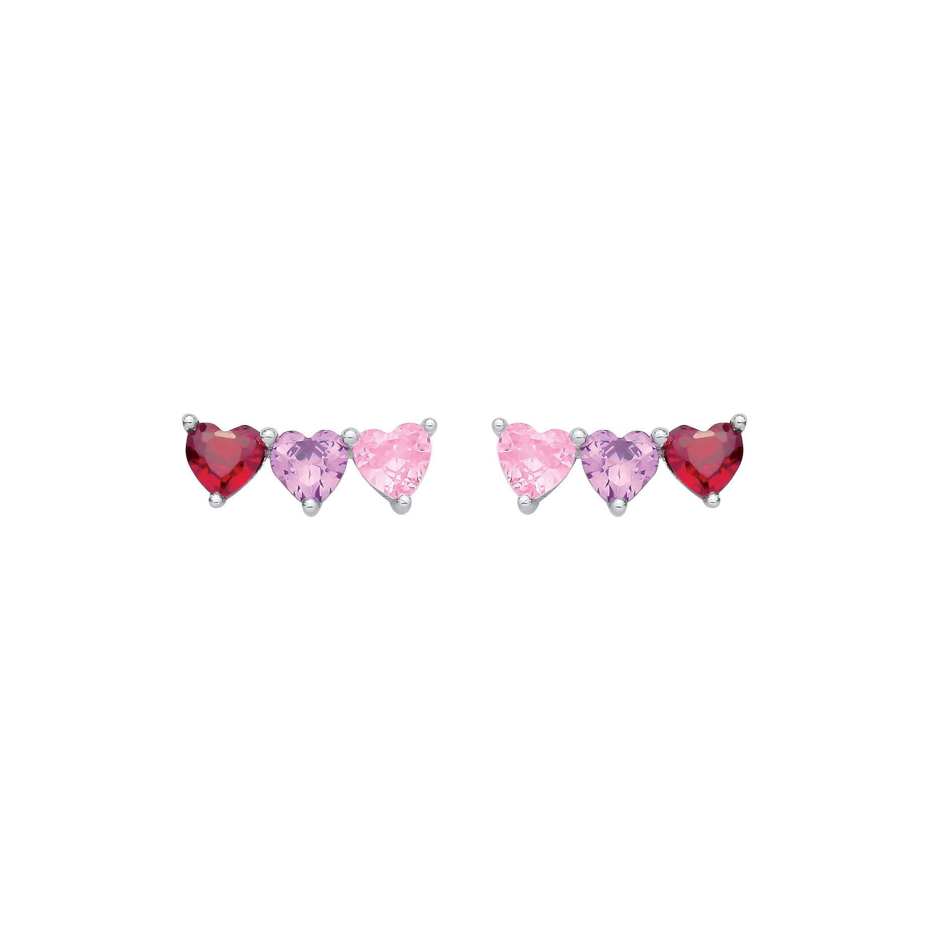 Sterling Silver CZ Garnet, Amethyst & Pink Triple Heart Stud Earrings - EAG1361