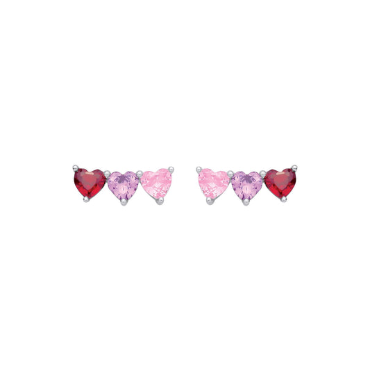 Sterling Silver CZ Garnet, Amethyst & Pink Triple Heart Stud Earrings - EAG1361