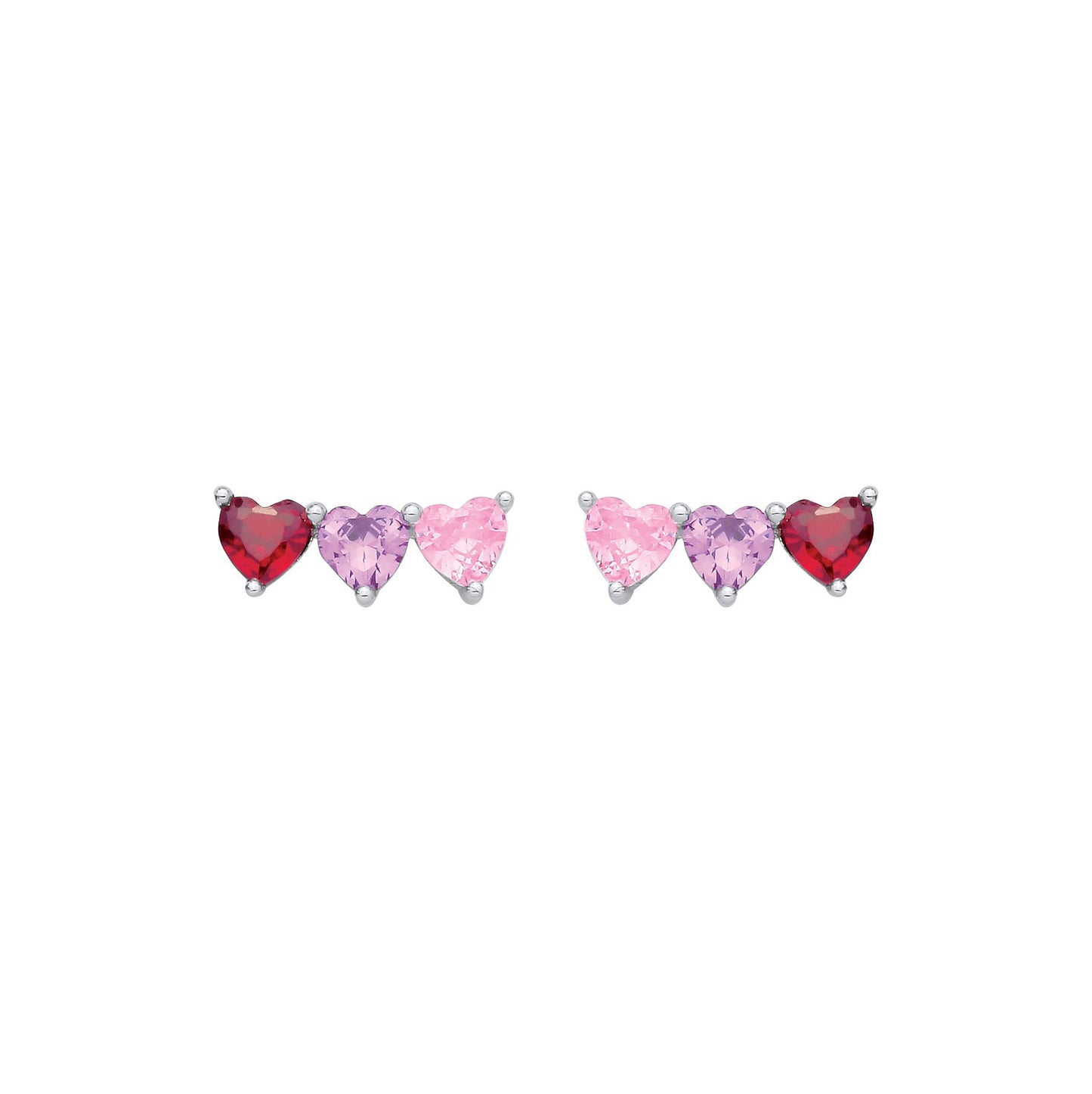 Silver CZ Garnet, Amethyst & Pink Triple Heart Stud Earrings - EAG1361