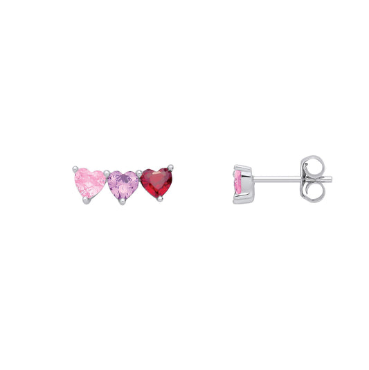 Silver CZ Garnet, Amethyst & Pink Triple Heart Stud Earrings - EAG1361