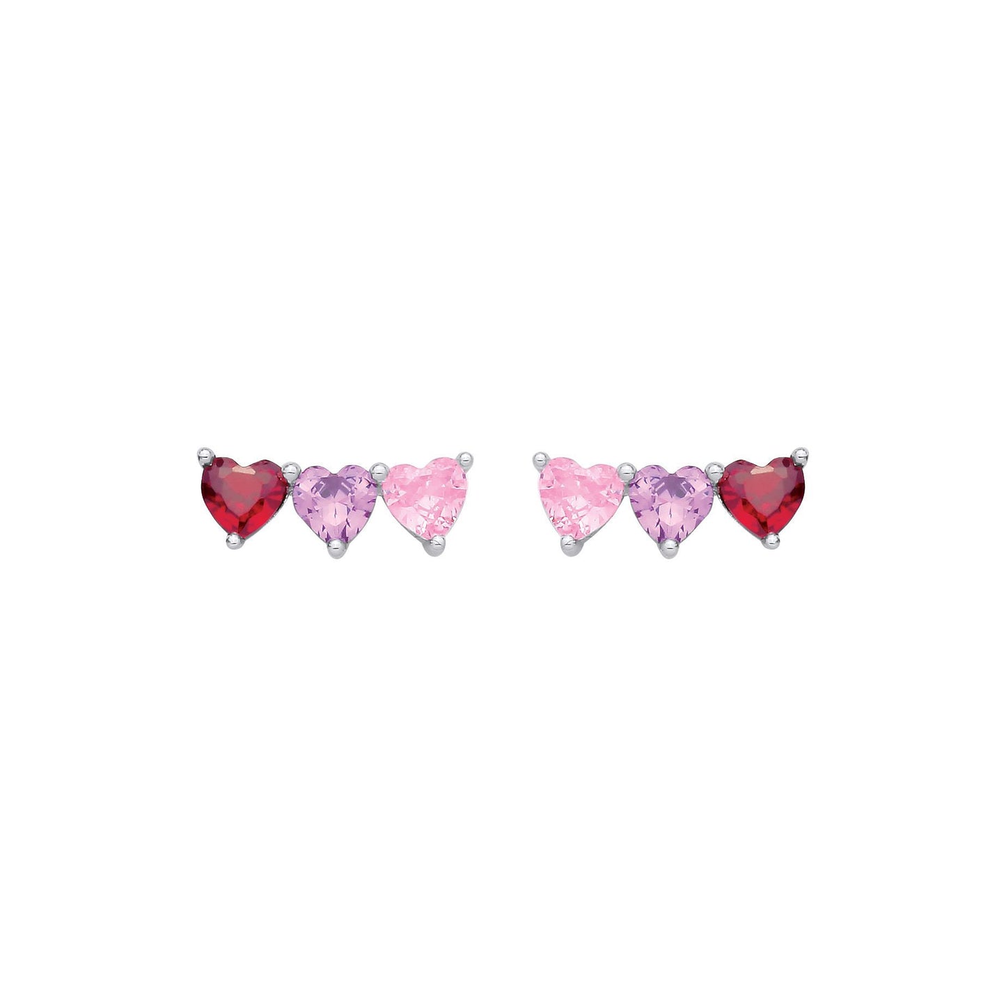 Silver  Lilac Pink Red Heart CZ Berry Heart Trilogy Stud Earrings - EAG1361