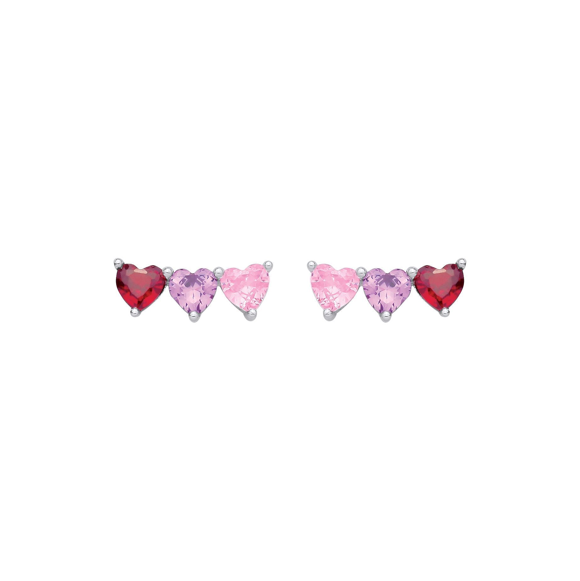 Silver  Lilac Pink Red Heart CZ Berry Heart Trilogy Stud Earrings - EAG1361