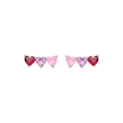 Silver  Lilac Pink Red Heart CZ Berry Heart Trilogy Stud Earrings - EAG1361