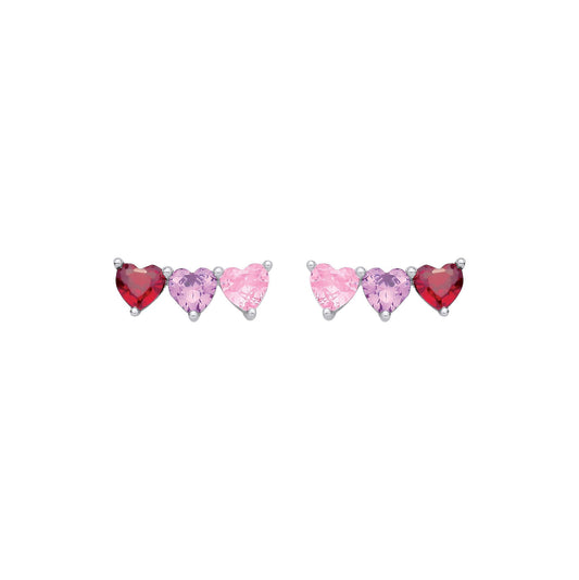 Silver  Lilac Pink Red Heart CZ Berry Heart Trilogy Stud Earrings - EAG1361