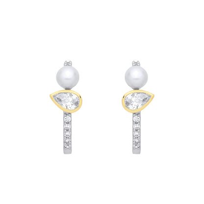 Sterling Silver & 18K Gold Plated CZ & Fresh Water Pearl Half Hoop Earrings - EAG1362