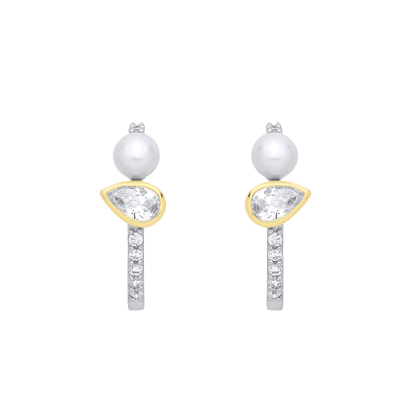 Silver & 18K Gold Plated CZ Fresh Water Pearl Half Hoop Earrings - EAG1362