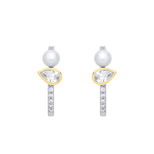 Silver & 18K Gold Plated CZ Fresh Water Pearl Half Hoop Earrings - EAG1362