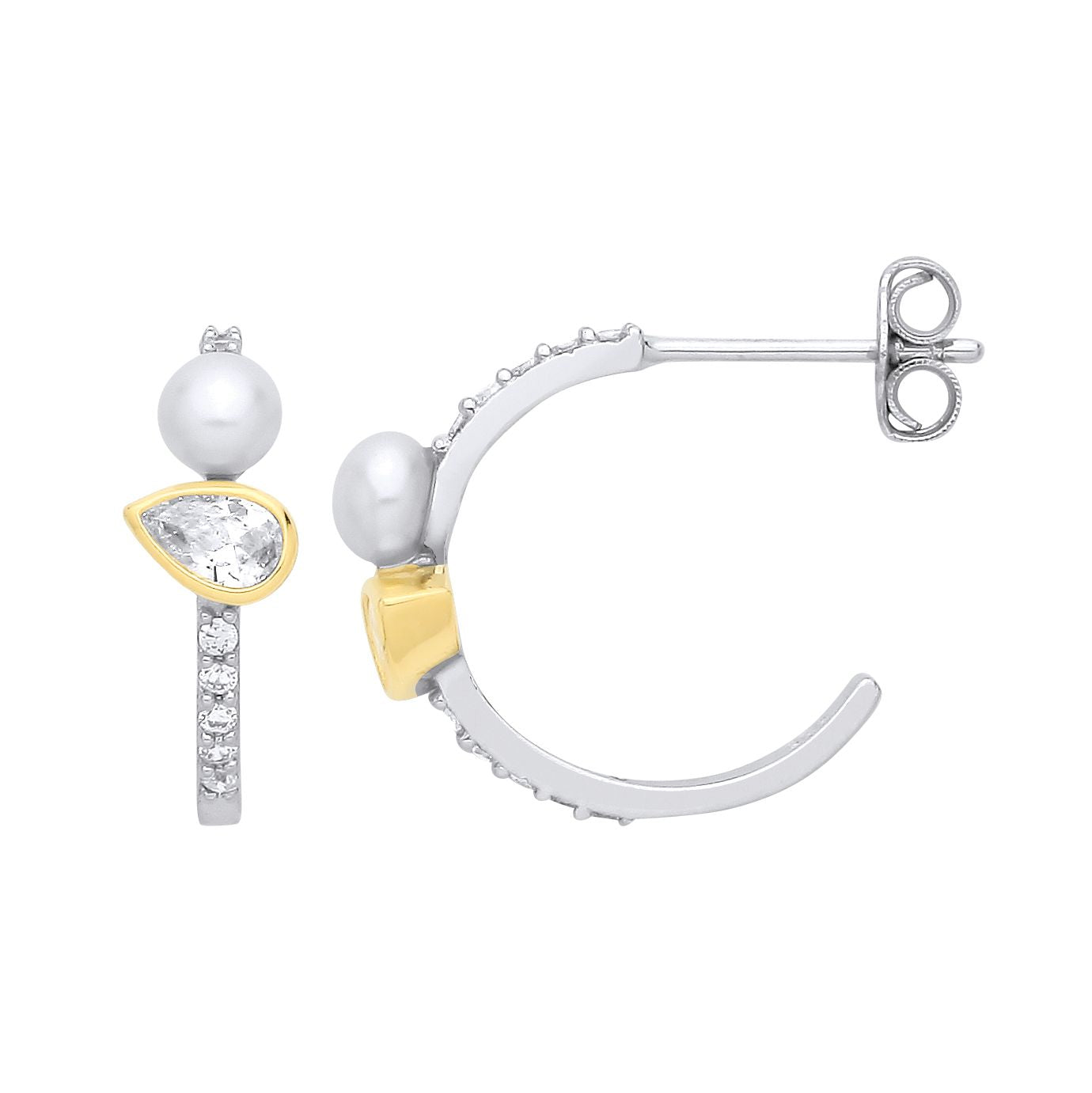 Sterling Silver & 18K Gold Plated CZ & Fresh Water Pearl Half Hoop Earrings - EAG1362