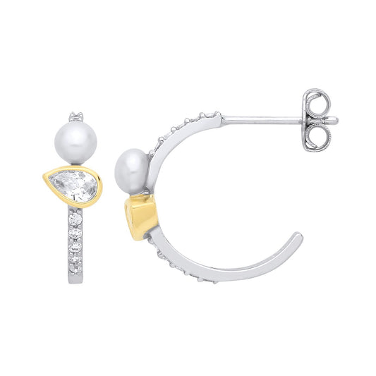 Sterling Silver & 18K Gold Plated CZ & Fresh Water Pearl Half Hoop Earrings - EAG1362