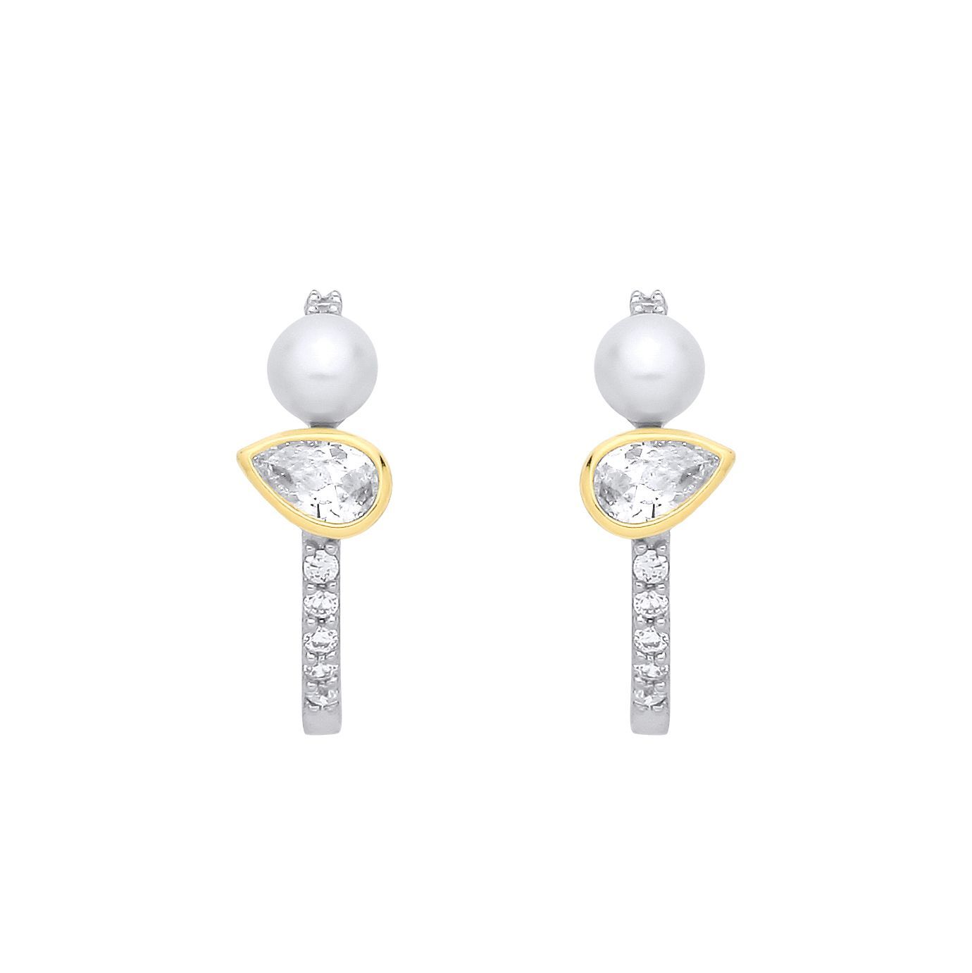 Gold-plated Silver  Pear Pearl CZ Toi et Moi J-Hoop Drop Earrings - EAG1362
