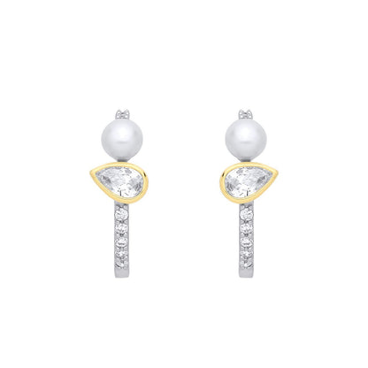 Gold-plated Silver  Pear Pearl CZ Toi et Moi J-Hoop Drop Earrings - EAG1362