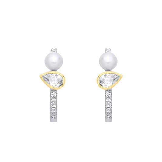 Gold-plated Silver  Pear Pearl CZ Toi et Moi J-Hoop Drop Earrings - EAG1362
