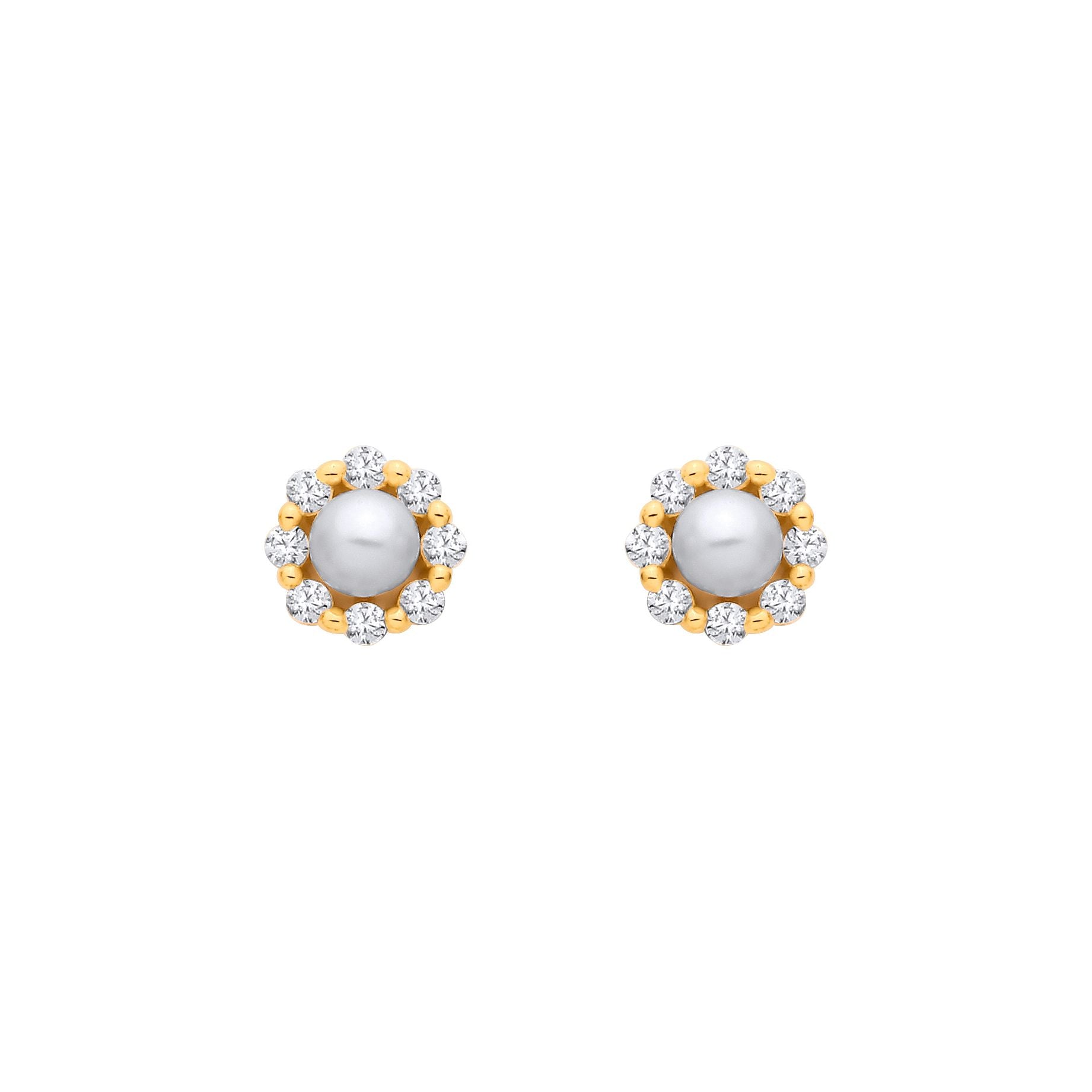 18K Gold Plated Sterling Silver CZ & Fresh Water Pearl Flower Stud Earrings - EAG1363