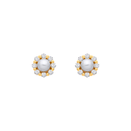 18K Gold Plated Sterling Silver CZ & Fresh Water Pearl Flower Stud Earrings - EAG1363
