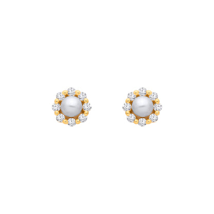 18K Gold Plated Silver CZ Fresh Water Pearl Flower Stud Earrings - EAG1363