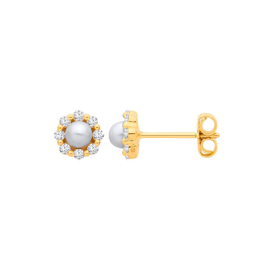 18K Gold Plated Sterling Silver CZ & Fresh Water Pearl Flower Stud Earrings - EAG1363