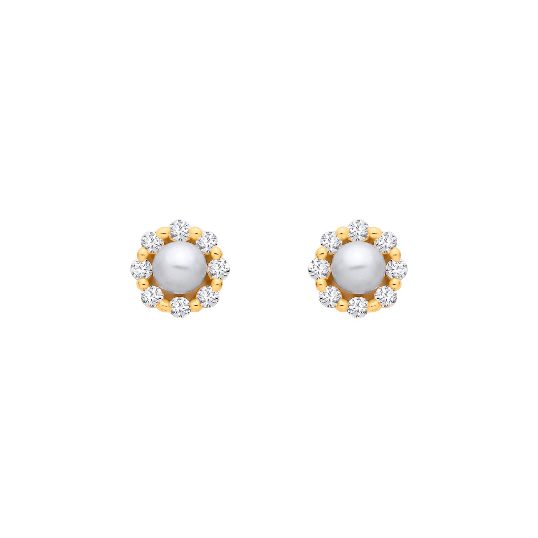 Gilded Silver  Pearl & CZ Full Moon & Stars Halo Stud Earrings - EAG1363