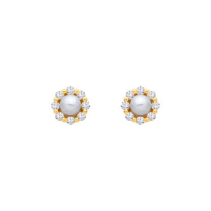 Gilded Silver  Pearl & CZ Full Moon & Stars Halo Stud Earrings - EAG1363