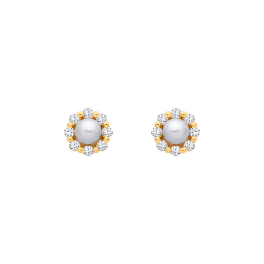 Gilded Silver  Pearl & CZ Full Moon & Stars Halo Stud Earrings - EAG1363