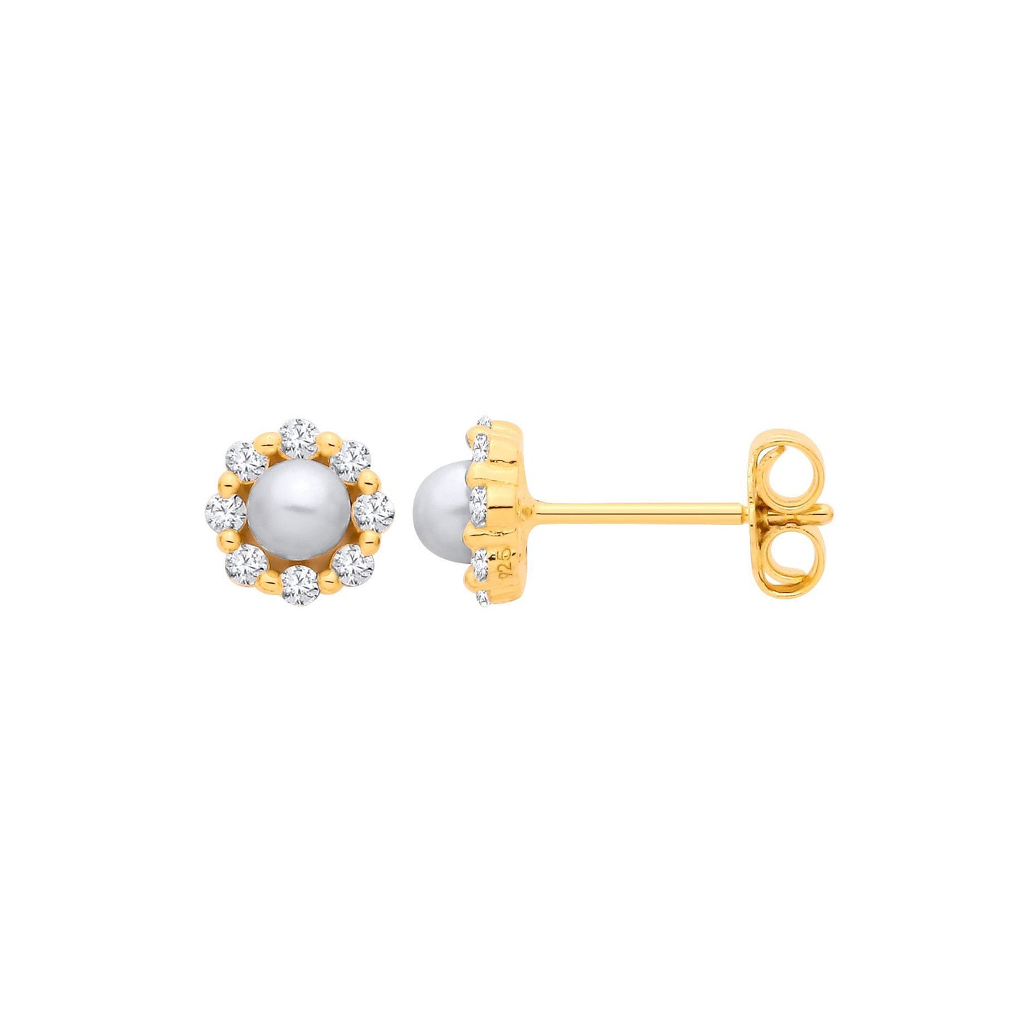 Gilded Silver  Pearl & CZ Full Moon & Stars Halo Stud Earrings - EAG1363