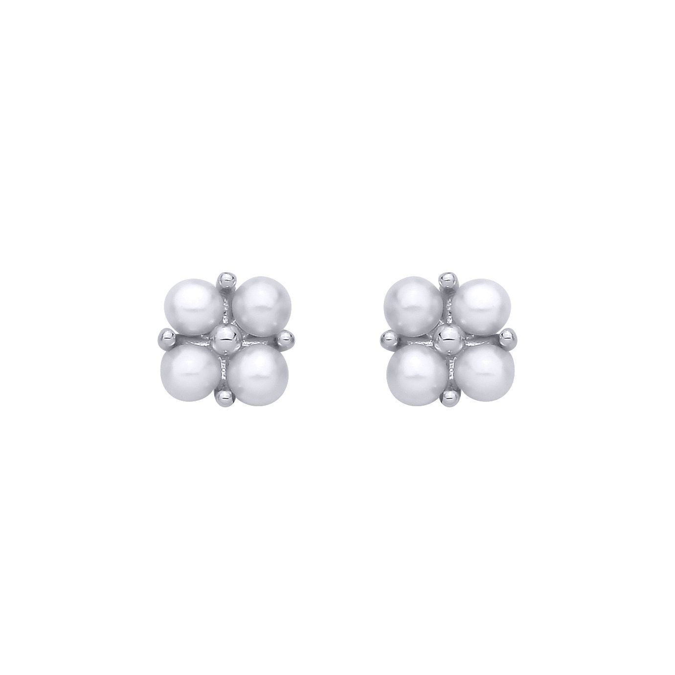 Silver  Pearl Four-Lobe Clover Cluster Stud Earrings - EAG1364