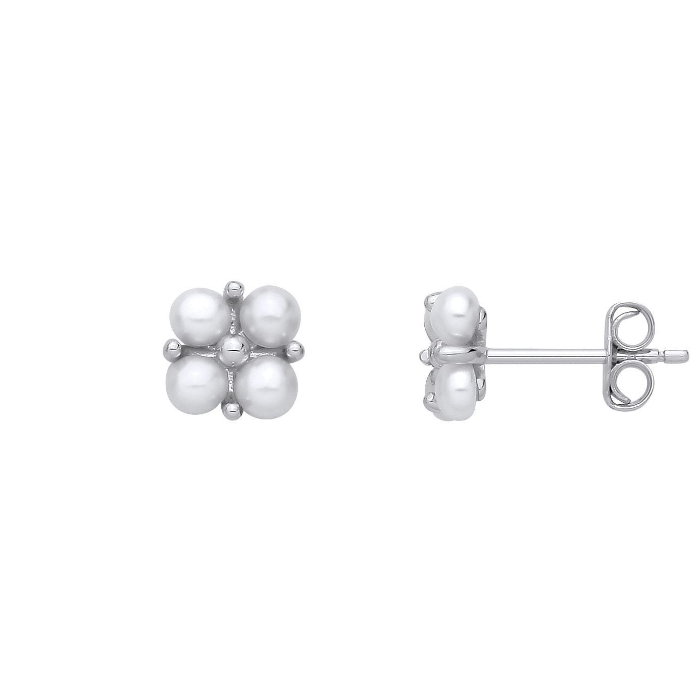 Silver  Pearl Four-Lobe Clover Cluster Stud Earrings - EAG1364