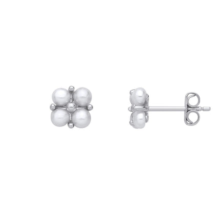 Silver  Pearl Four-Lobe Clover Cluster Stud Earrings - EAG1364