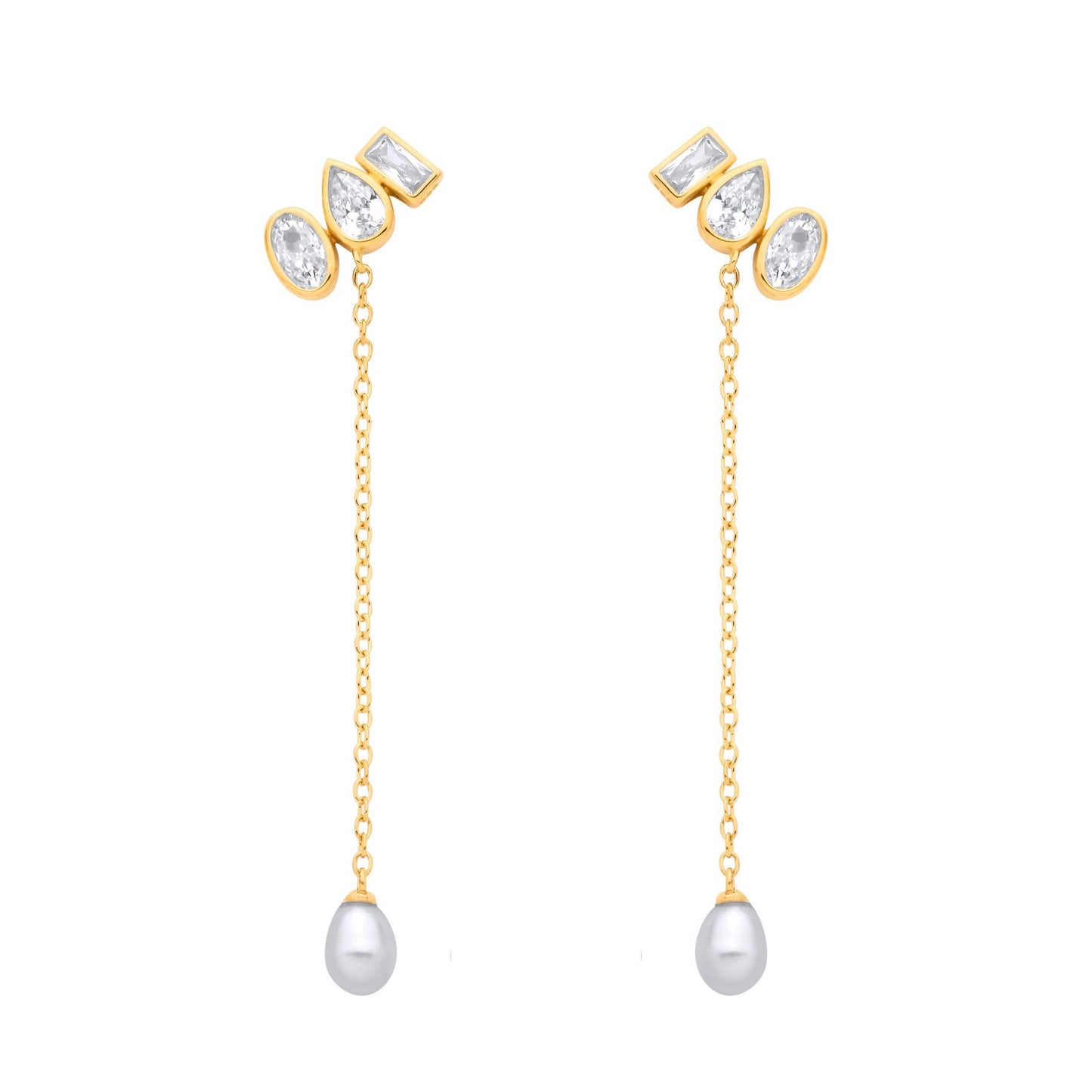Gold-plated Silver  Pearl CZ Past Present Future Drop Earrings - EAG1365