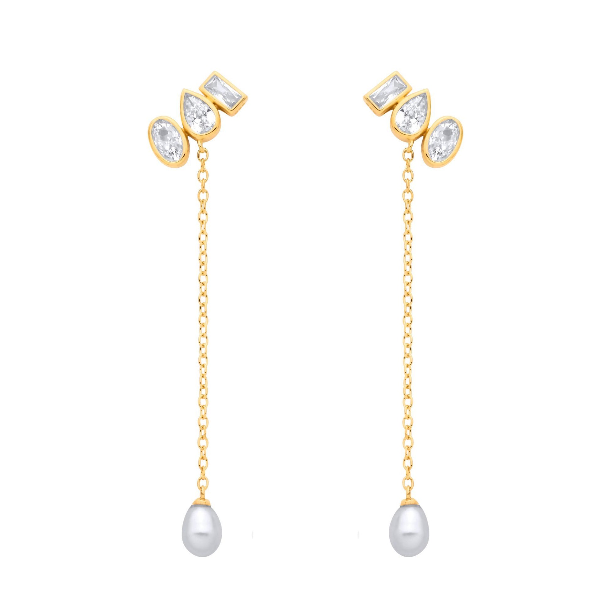 Gold-plated Silver  Pearl CZ Past Present Future Drop Earrings - EAG1365
