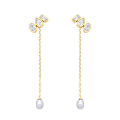 Gold-plated Silver  Pearl CZ Past Present Future Drop Earrings - EAG1365