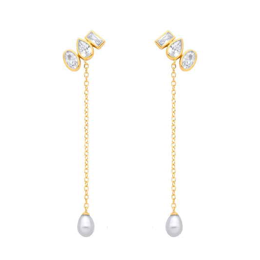 Gold-plated Silver  Pearl CZ Past Present Future Drop Earrings - EAG1365