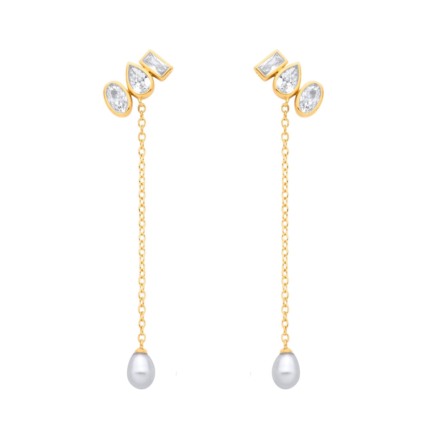 18K Gold Plated Silver CZ & Fresh Water Pearl Chain Drop Earrings - EAG1365