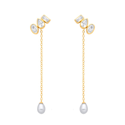 18K Gold Plated Silver CZ & Fresh Water Pearl Chain Drop Earrings - EAG1365