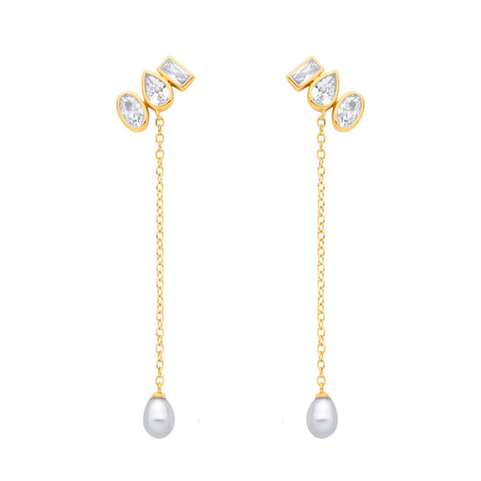 18K Gold Plated Silver CZ & Fresh Water Pearl Chain Drop Earrings - EAG1365