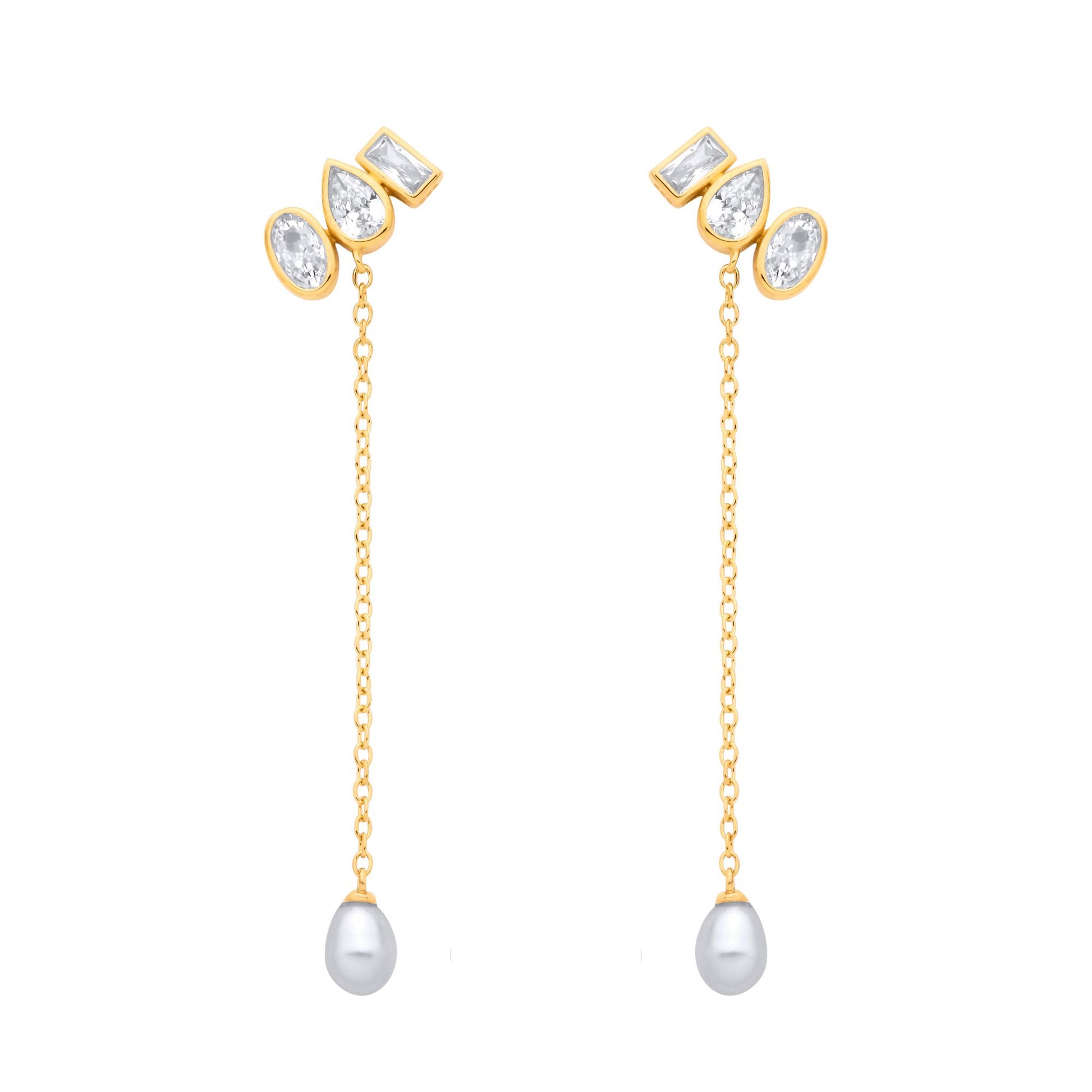 18K Gold Plated Sterling Silver CZ & Fresh Water Pearl Chain Drop Earrings - EAG1365